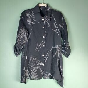 Yushi Womens Black White Stretch Text Button Up Collared Tunic Top Size Small